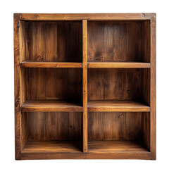 Empty wooden bookcase six shelves isolated on transparent background