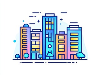 Illustrative cityscape featuring vibrant skyscrapers and buildings with various windows and architectural styles against a clean white background.