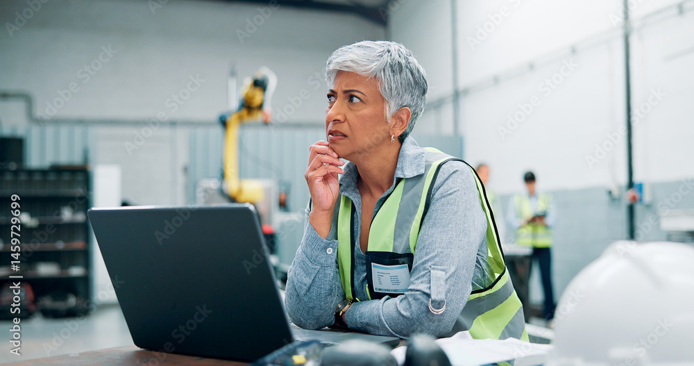 Poster laptop, robotics and thinking with woman in workshop for manufacturing, problem solving or productio