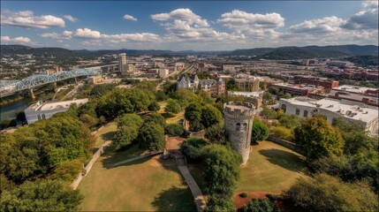 Panoramic Aerial Perspective of Chattanooga Tennessee Skyline Highlighting Historical Landmarks and University Towers