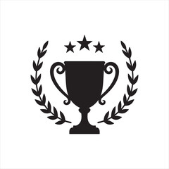 Trophy Icon with Laurel Wreath and Stars,Award Cup Symbol with Laurel Branches,Champion Trophy with Laurel and Stars,Victory Trophy Emblem in Black Silhouette,Laurel Wreath with Cup and Star Icons