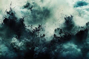 Powerful waves crashing in a stormy sky.  Dark, turbulent water erupts in violent splashes against a backdrop of dramatic, cloudy skies.  A powerful, chaotic display of nature's force