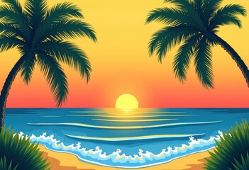 Obraz premium Tropical sunset over the ocean with palm trees framing the scene