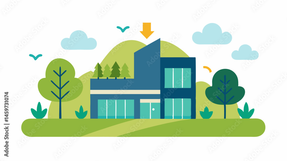 Poster ecofriendly landscape design a vector showing a building surrounded by native plants and trees with 