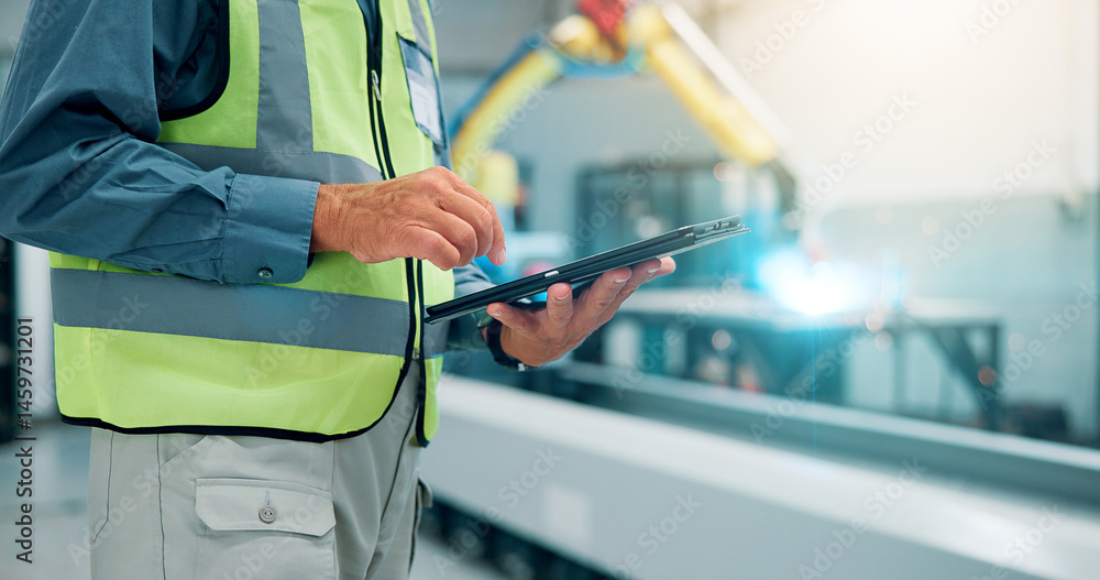 Poster Hands, man and tablet at machine factory for research, robotics update and technical guide. Male engineer, digital remote control and production manual, automation safety and process of manufacturing