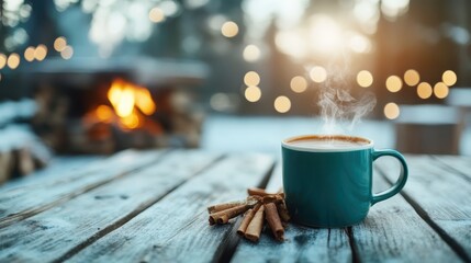 A steaming cup of coffee sits atop a wooden table surrounded by nature, radiating warmth and comfort, perfectly designed for enjoying cozy moments by the fire in winter.