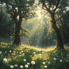 Obraz premium Sunlit forest glade, dandelion seeds, idyllic nature scene, peaceful background, perfect for nature posters