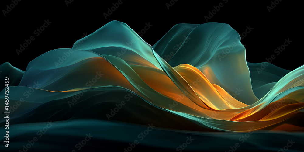 Poster abstract image of teal and orange flowing fabric waves against a black background, suggesting moveme