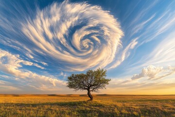 Whirlwind Clouds over a lone tree