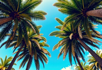 Lush palm trees reaching towards a bright blue sky