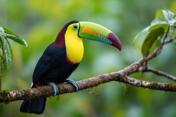 Fototapeta premium Vibrant keel-billed toucan perched on a branch, showcasing its striking colors against a lush green background.
