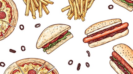Hand-drawn illustration of various fast food items.