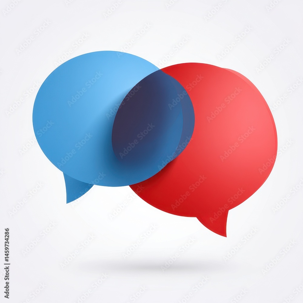 Poster dynamic conversation: blue and red intertwined speech bubble icons for engaging dialogue