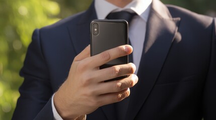 Careless Entrepreneur. Businessman in Suit Captures Photo with Smartphone Displaying 'Negligent' Concept for Business and Finance Insights