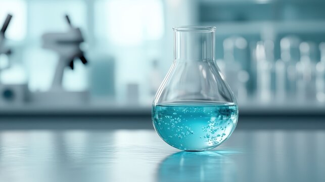 A clean, minimalistic lab flask filled with blue liquid sits on a laboratory table, symbolizing the clarity and precision of scientific discovery and experimentation.