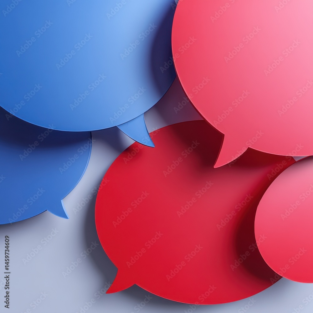 Poster vibrant red and blue intersecting speech bubbles. conceptual icons for communication and conversatio