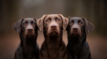 Three beautiful dogs looking directly at the camera, their captivating expressions highlighting their charming features against a blurred natural background.