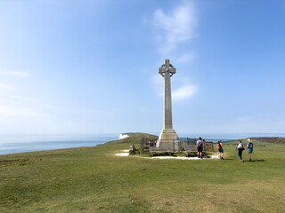The Cross in Memory of Alfred Lord Tennyson on top of the Hills overlooking Freshwater Bay on the Isle of Wight, UK