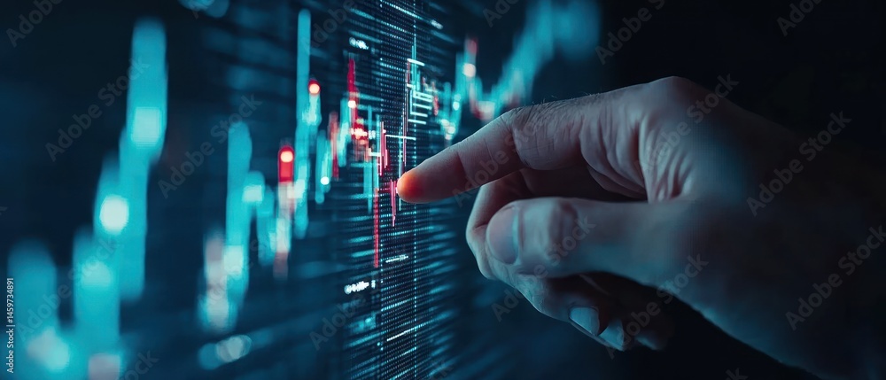 Poster analyzing financial data: a close-up of a hand interacting with a stock market chart displayed on a 