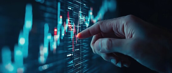 Analyzing Financial Data: A Close-Up of a Hand Interacting with a Stock Market Chart Displayed on a Screen.