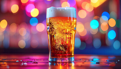 Golden Brew: A meticulously crafted image showcasing a frosted pint glass filled with refreshing amber-colored ale, topped with a fluffy, white head.