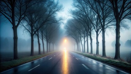 Mysterious Foggy Roadway Through a Line of Leafless Trees at Dawn