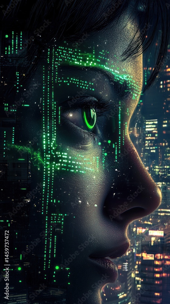 Aufkleber digital face with binary code in urban nightscape