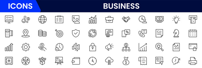Business and Finance web icons in line style. Money, bank, contact, infographic. Icon collection. Vector illustration.