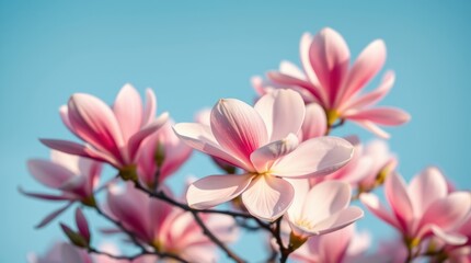 Fototapeta premium Close-up of delicate pink magnolia blossoms against a clear blue sky.