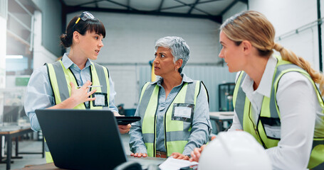 Engineer women, teamwork and technology in warehouse for planning, discussion or communication. Female employees, collaboration and problem solving for robotics with software, ideas and factory