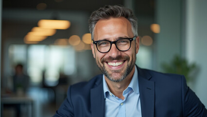 Fototapeta premium Smiling Mature Businessman with Glasses in Modern Office.