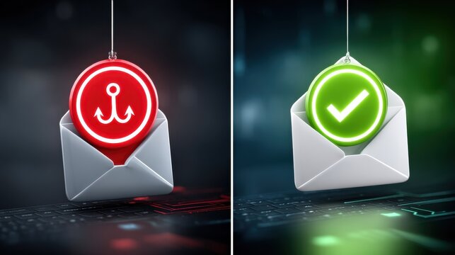 Cybersecurity alert phishing vs. Legitimate emails in digital workspace environment visual comparison conceptual overview