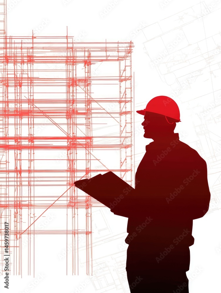 Poster silhouette of construction worker holding documents with a red hardhat against abstract red lines re