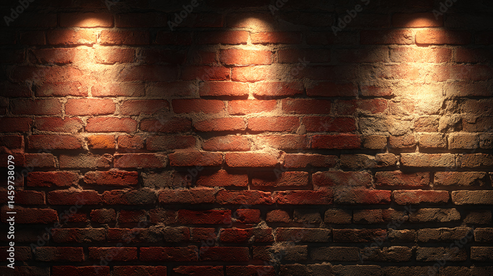 Poster brick wall texture illuminated by three spotlights, creating a dramatic and atmospheric scene, ideal