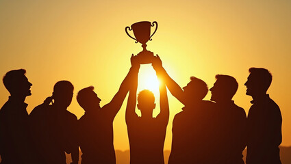 Fototapeta premium Moment of Glory: Group with Trophy in Sunset Light