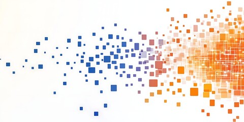 Blue and orange digital technology background vector banner with squares, white background, orange and blue color scheme, square pixels