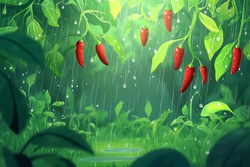 	Rainy cartoon garden scene with raindrops falling on chili plants and tiny puddles forming 