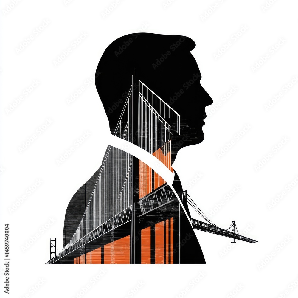 Poster silhouette of a person with an overlay of a bridge design featuring orange and grey tones against a 