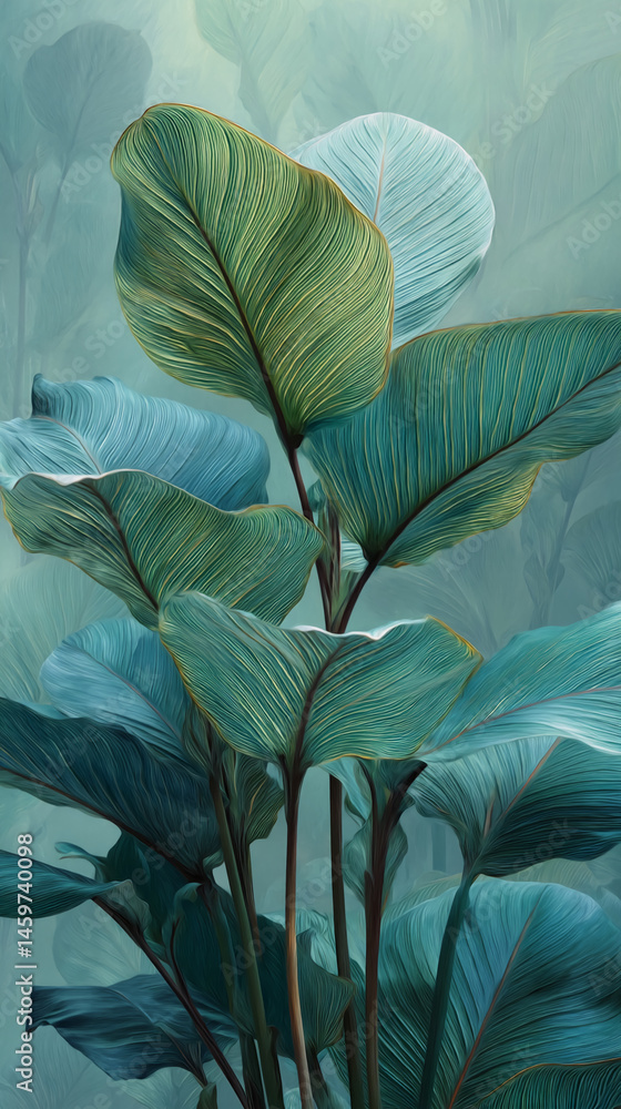 Poster close-up of teal and green leaves with visible texture, creating a lush and serene atmosphere, showc