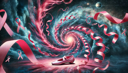 A pink shoe lies at the center of a cosmic swirl of Breast Cancer Awareness pink ribbons in deep space, symbolizing hope and femininity against a backdrop of stars, galaxies, and surreal motion.