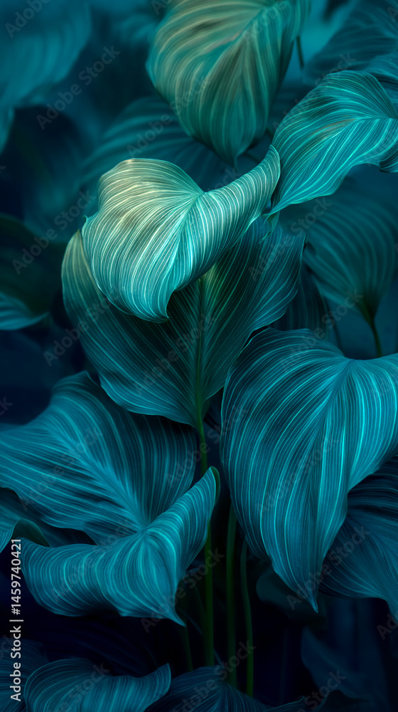 Poster close-up of teal leaves with prominent veining, creating a textured, organic pattern, showcasing nat