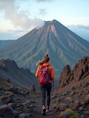 Active female hiker exploring majestic volcanic landscape.