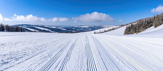 Pristine snow-covered ski trail stretches through a vast snowy landscape under a vibrant blue sky.  Clear tracks wind across the expanse, leading to a distant vista of forested hills