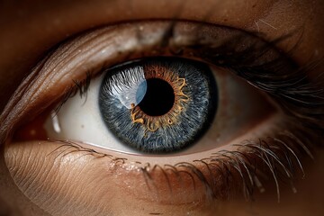 A close up of a person's blue eye with a yellow iris