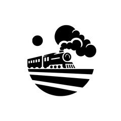 Steam Train in Circle - Retro Black and White Illustration