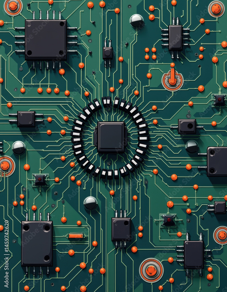 Poster close-up of a circuit board with intricate components and connections