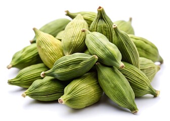 Green cardamom pods isolated on white background