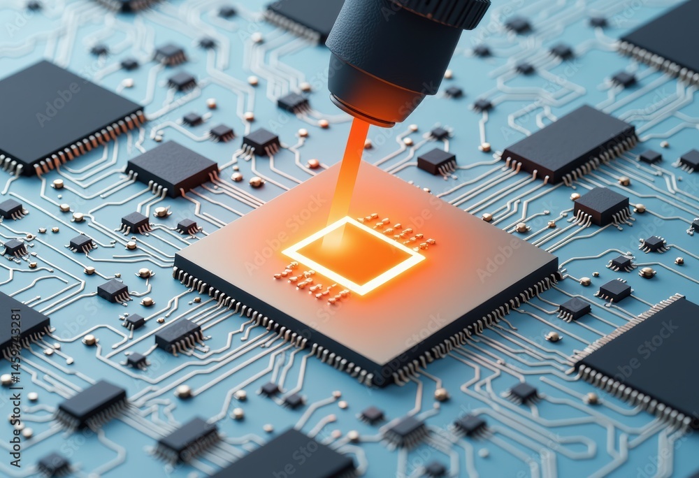 Poster close-up of a microchip being processed with a laser for technology applications