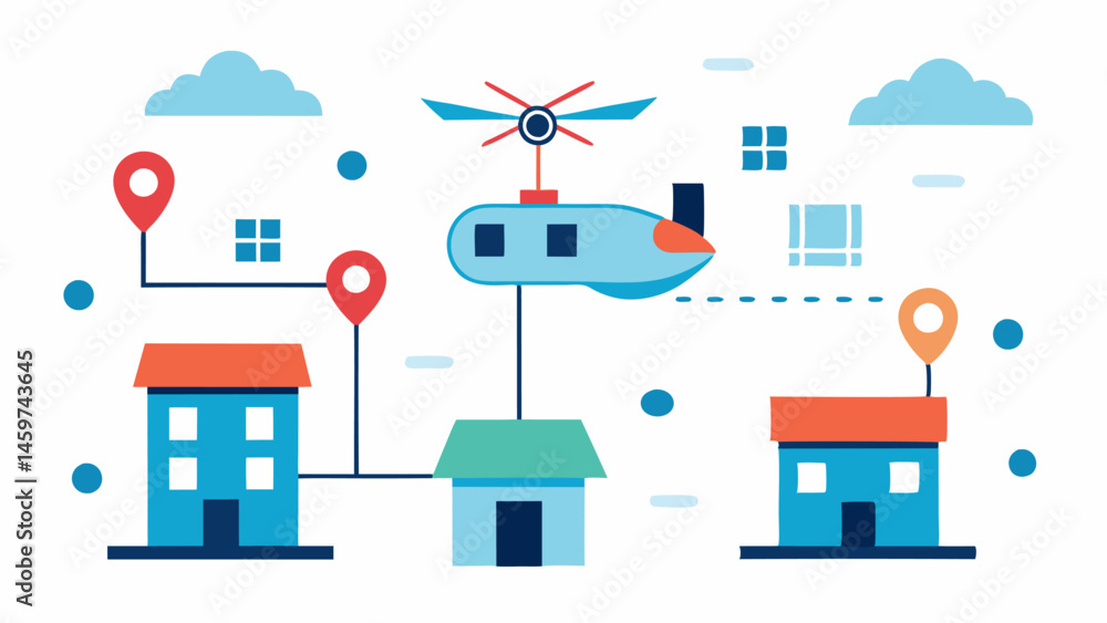 Poster drone delivery services drones flying over a neighborhood delivering packages with a digital map sho