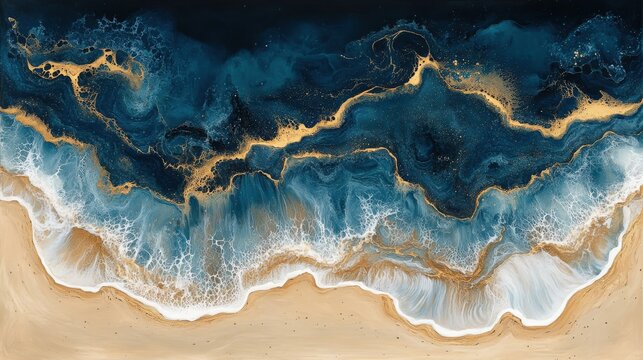 Gilded ocean waves crashing onto sandy shore